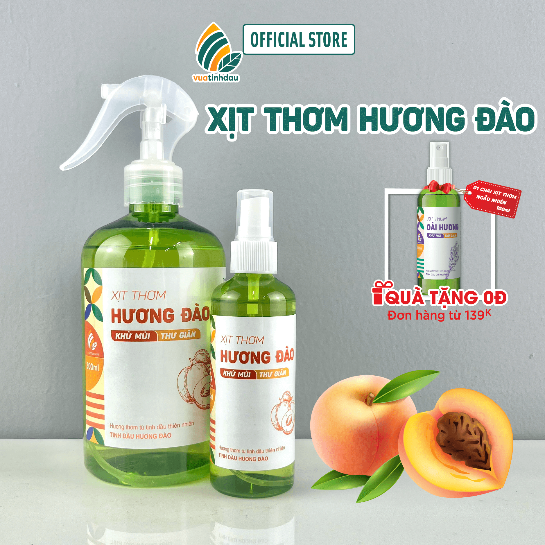 Bình xịt thơm tinh dầu hương đào 100ml/500ml vuatinhdau tinh dầu thiên nhiên xịt thơm quần áo phòng ngủ nhà vệ sinh