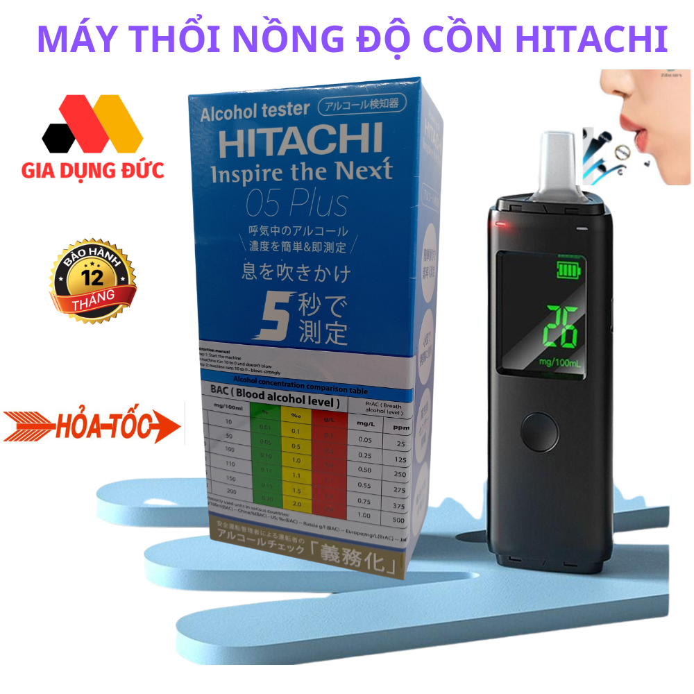 Máy thổi nồng độ cồn Hitachi Nhật Bản Máy đo nồng độ cồn Nhật Bản đạt chuẩn 99 ROHS tặng kèm 5 đầu thổi bảo hành mới 12 tháng