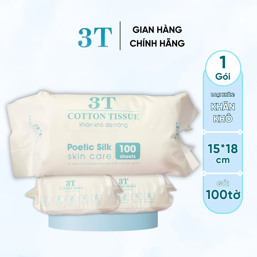 Gói 100 Tờ Khăn Khô Lau Mặt Đa Năng 3T Pharma Dùng 1 Lần