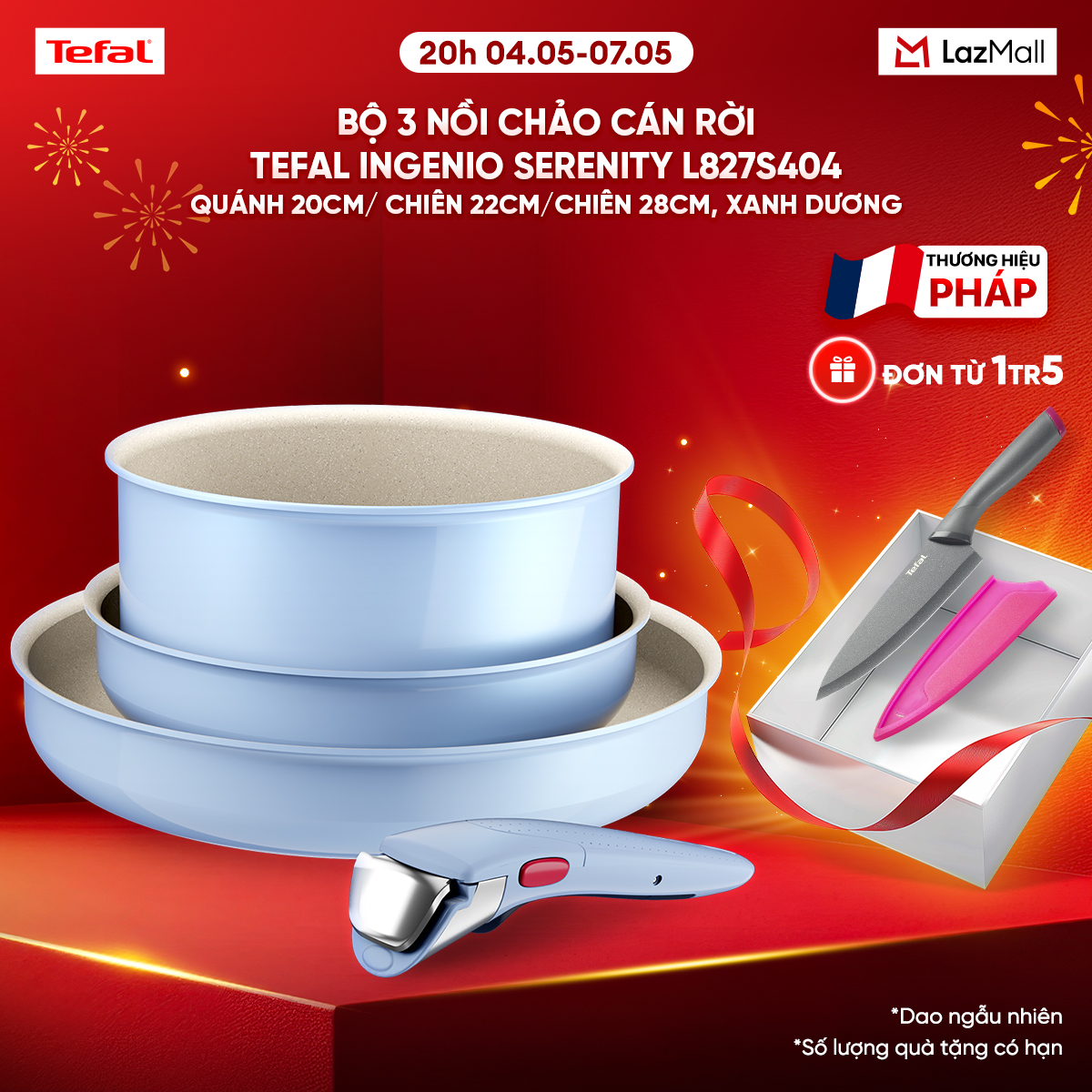 Bộ 3 nồi chảo cán rời Tefal Ingenio Serenity L827S404, quánh 20cm/ chiên 22cm/chiên 28cm, xanh dương pastel