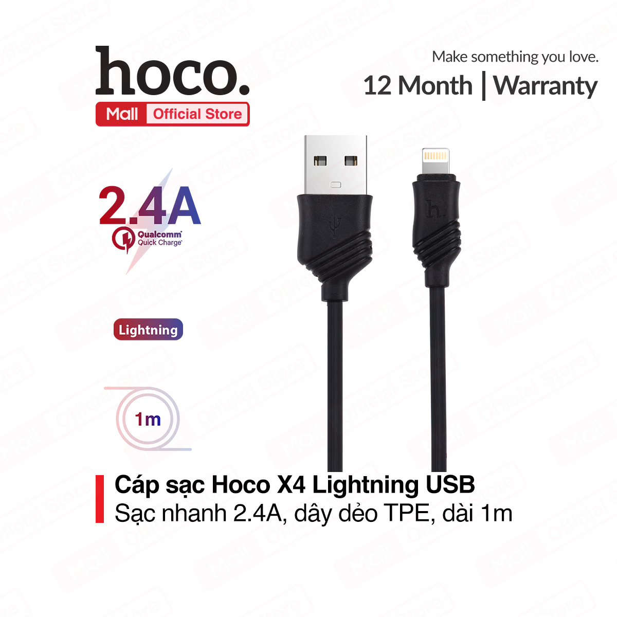 Cáp sạc Lightning Hoco X6 sạc nhanh 2.4A cho iPhone/iPad dài 1m dây nhựa TPE chống gẫy gập cháy nổ