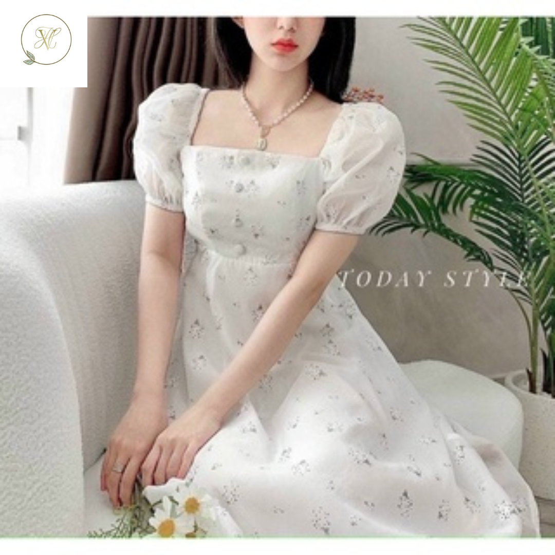 Đầm nữ dự tiêc đầm midi voan tơ hoa nhí cổ vuông tay phồng nhún ngực Hvy