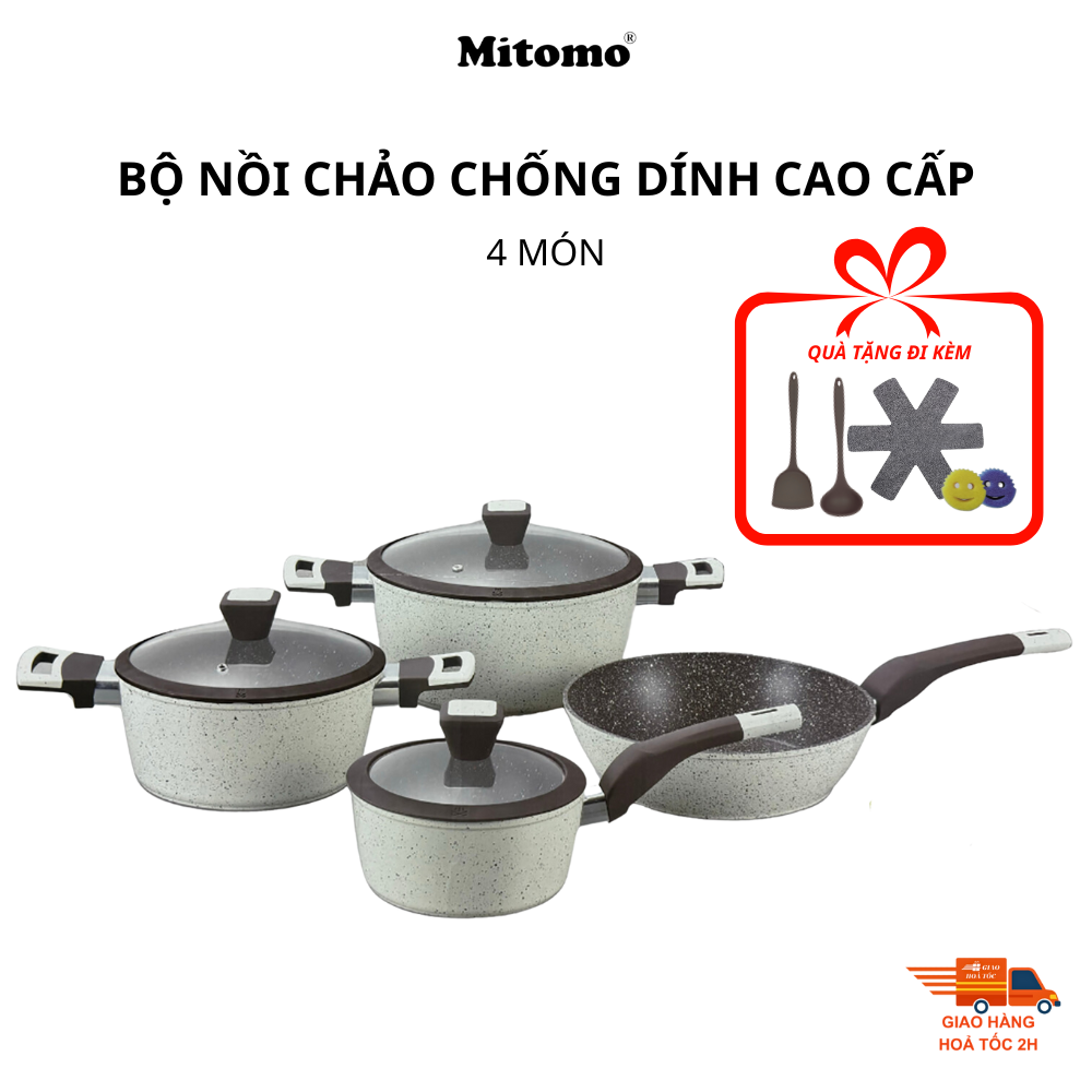 Bộ nồi chảo 4 món chống dính Mitomo Giyoca màu cream chính hãng dùng cho bếp từ, bếp ga, bếp hồng ngoại