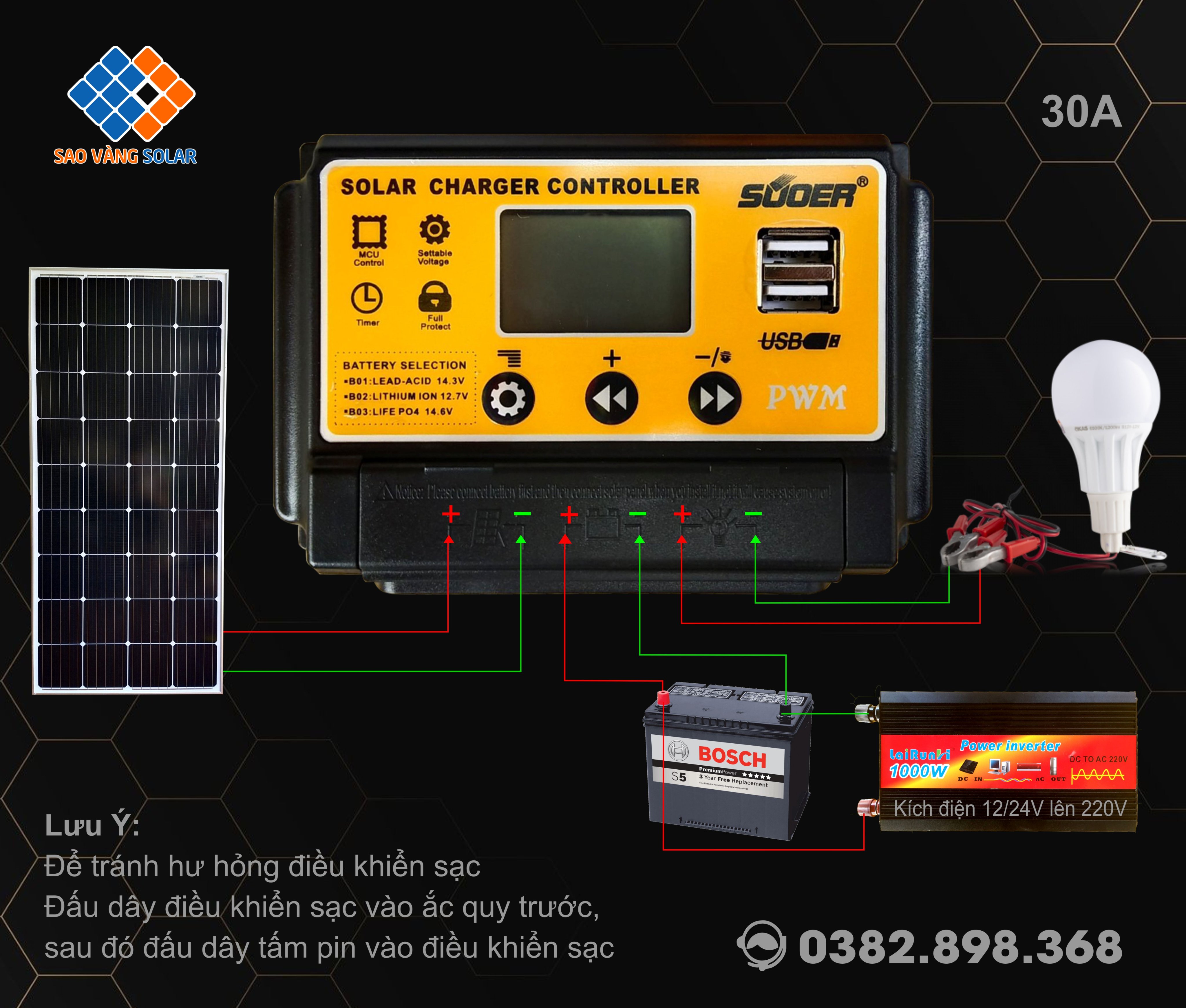 Điều khiển sạc năng lượng mặt trời 30A SUOER ST - S1230. Dùng sạc cho bình khô, bình nước, pin lithium và pin lifepo4