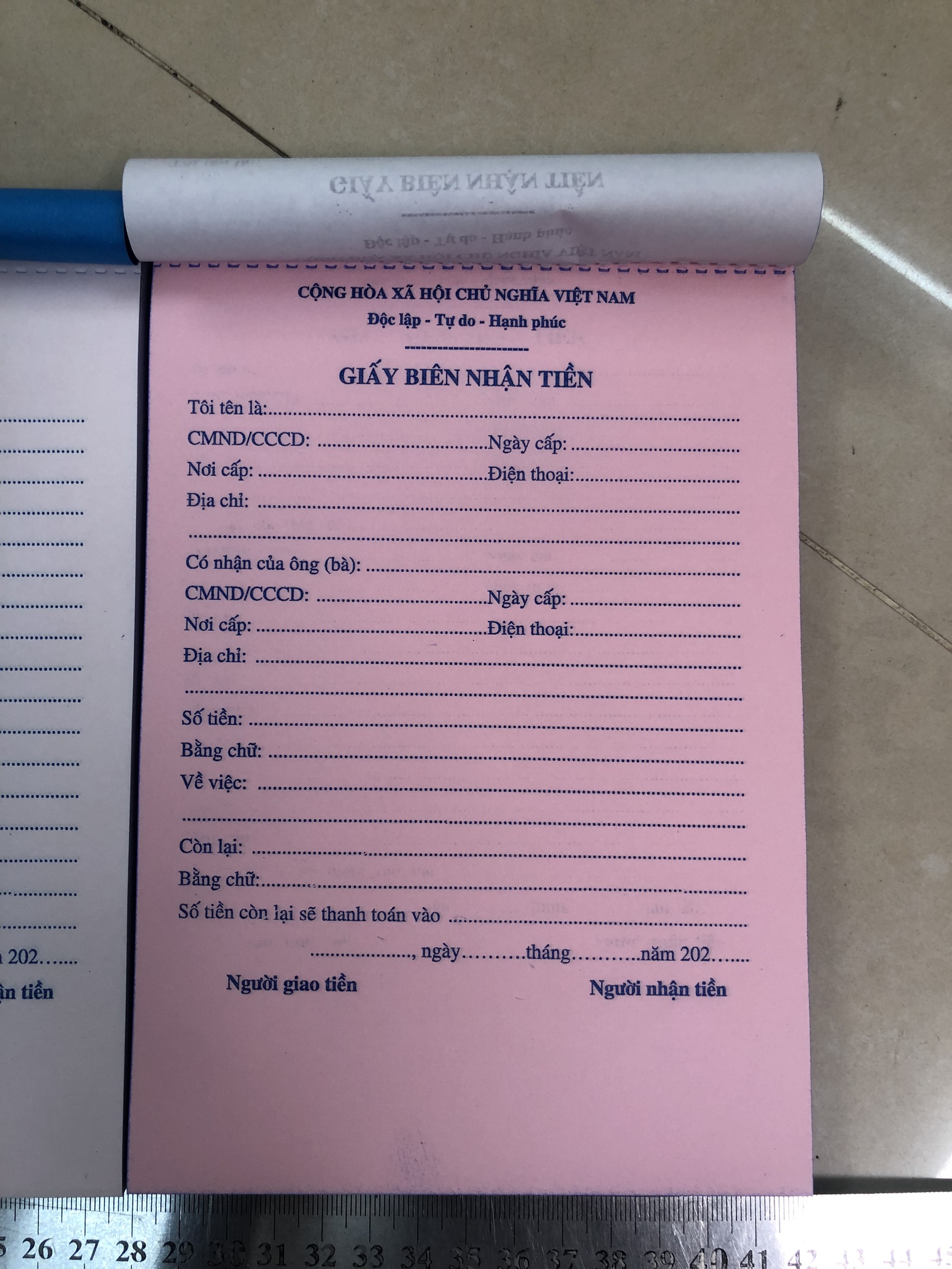 Biên nhận tiền cọc khổ a5 2 liên