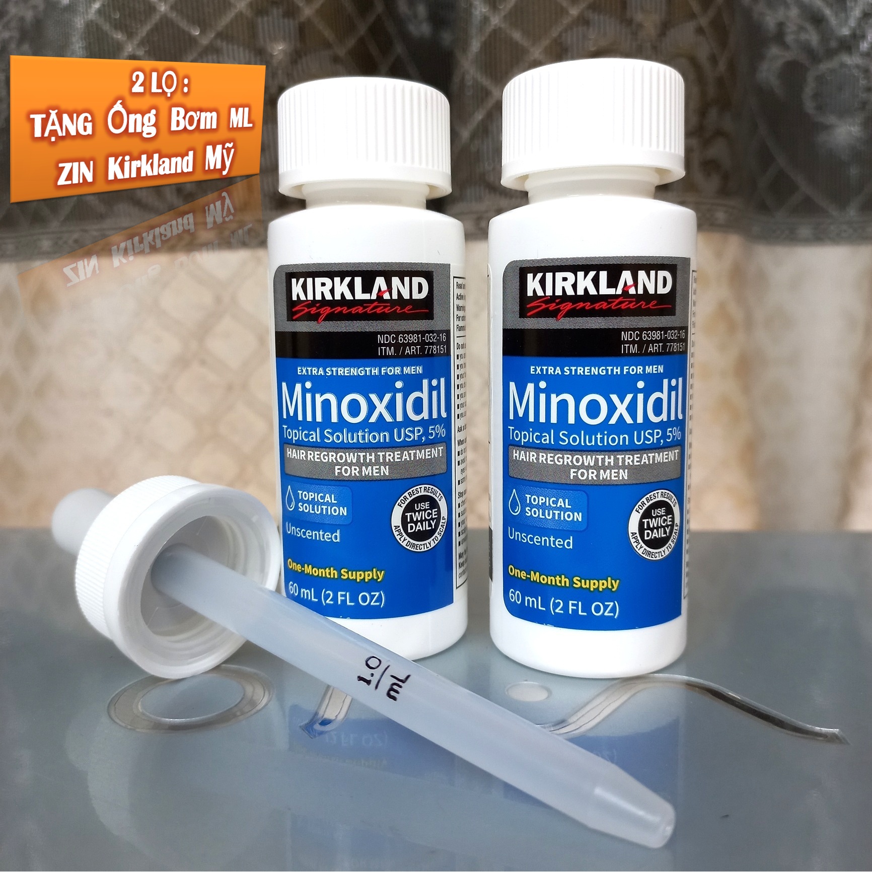 Sản phẩm mọc tóc , mọc râu Minoxidil 5% Kirkland USA  từ Hoa Kỳ  ( Thuoc mọc tóc , mọc râu ) - Bộ 2 Chai  với   Expiry Date : 02 / 2026 .