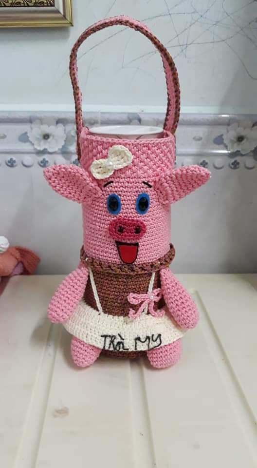Túi đựng ly giữ nhiệt heo hồng Handmade