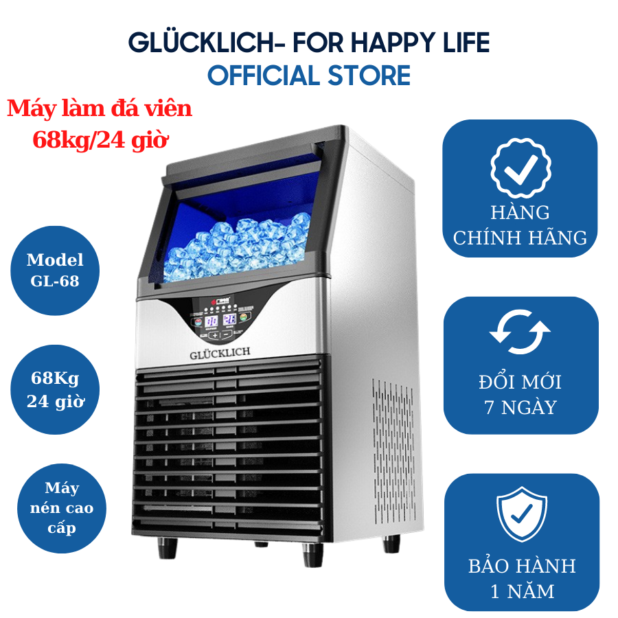 Máy làm đá viên glucklich 68kg/24 giờ - thương hiệu đức, bản quốc tế