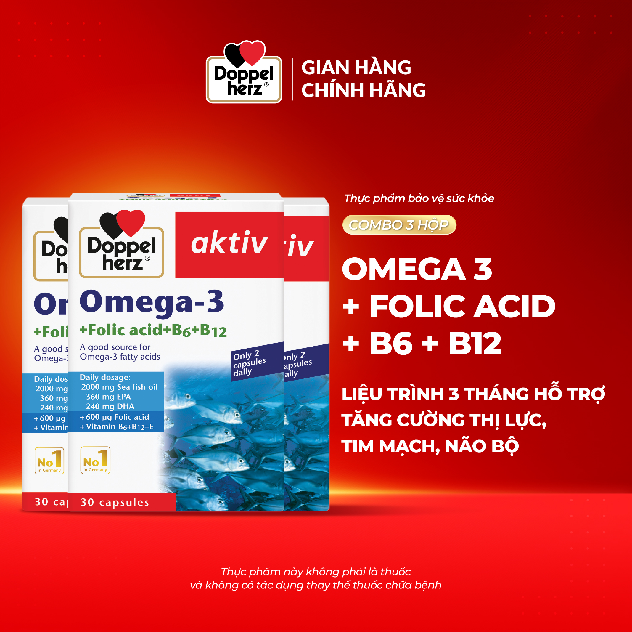 Combo 03 hộp Viên dầu cá Doppelherz Omega 3 + Folic acid + B6 + B12 hỗ trợ tăng cường thị lực, tim mạch và não bộ (3 Hộp 30 viên)