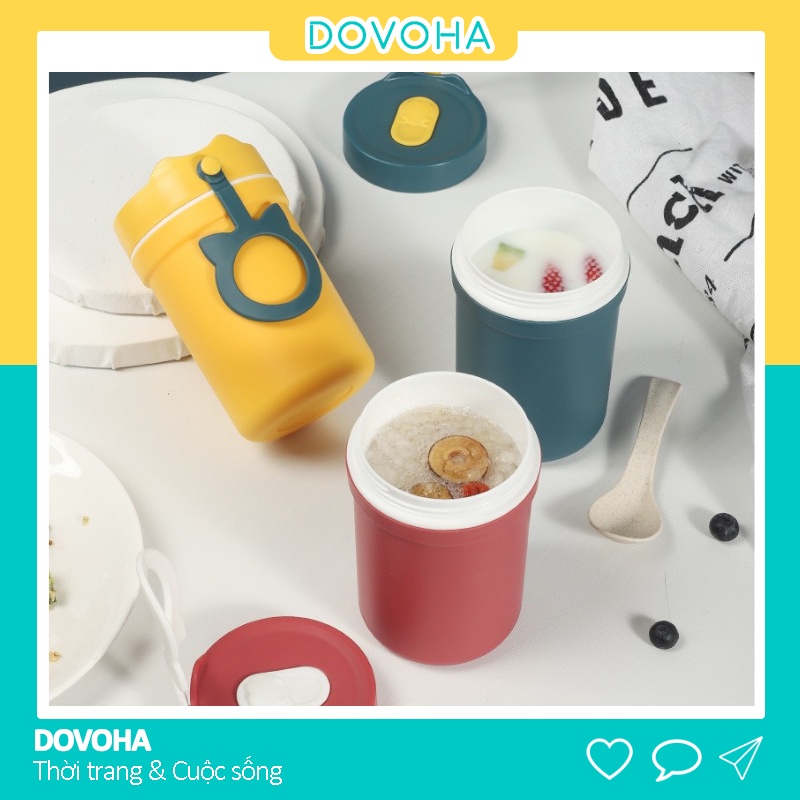Cốc đựng canh trà sữa có nắp giữ nhiệt chống tràn Tặng kèm muỗng lúa mạch ống hút inox DOVOHA HC12