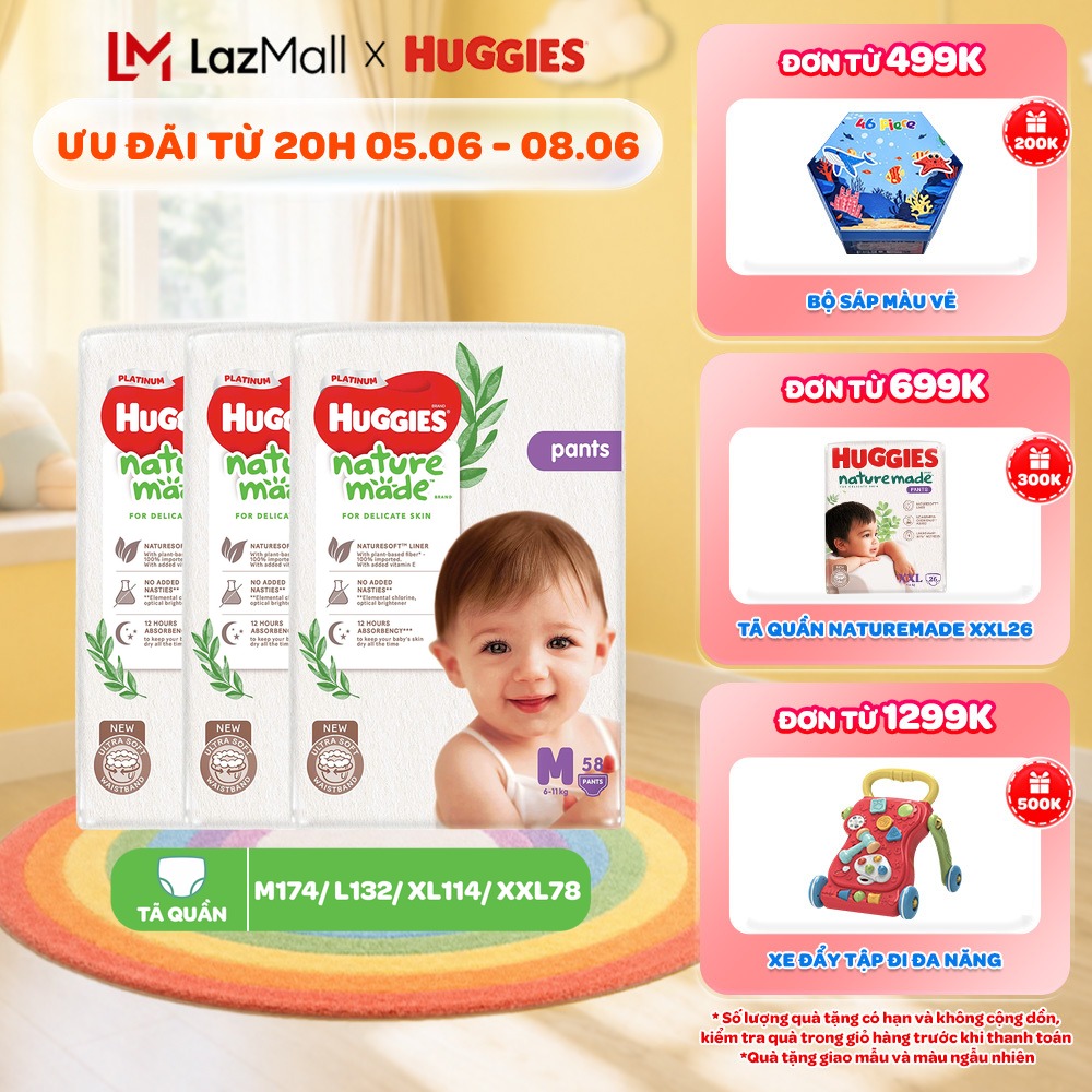 Combo 3 Tã/Bỉm quần Huggies NatureMade M58/L44/XL38/XXL26/XXXL28