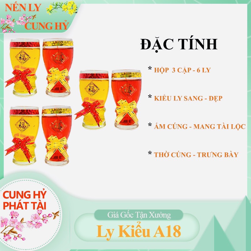 Đèn Cầy Ly A18 Cao14cm Hộp 6 Ly [1 Ly Hơn 2 Ngày] Vàng Đỏ Sang Trọng Nến Ly Cung Hỷ
