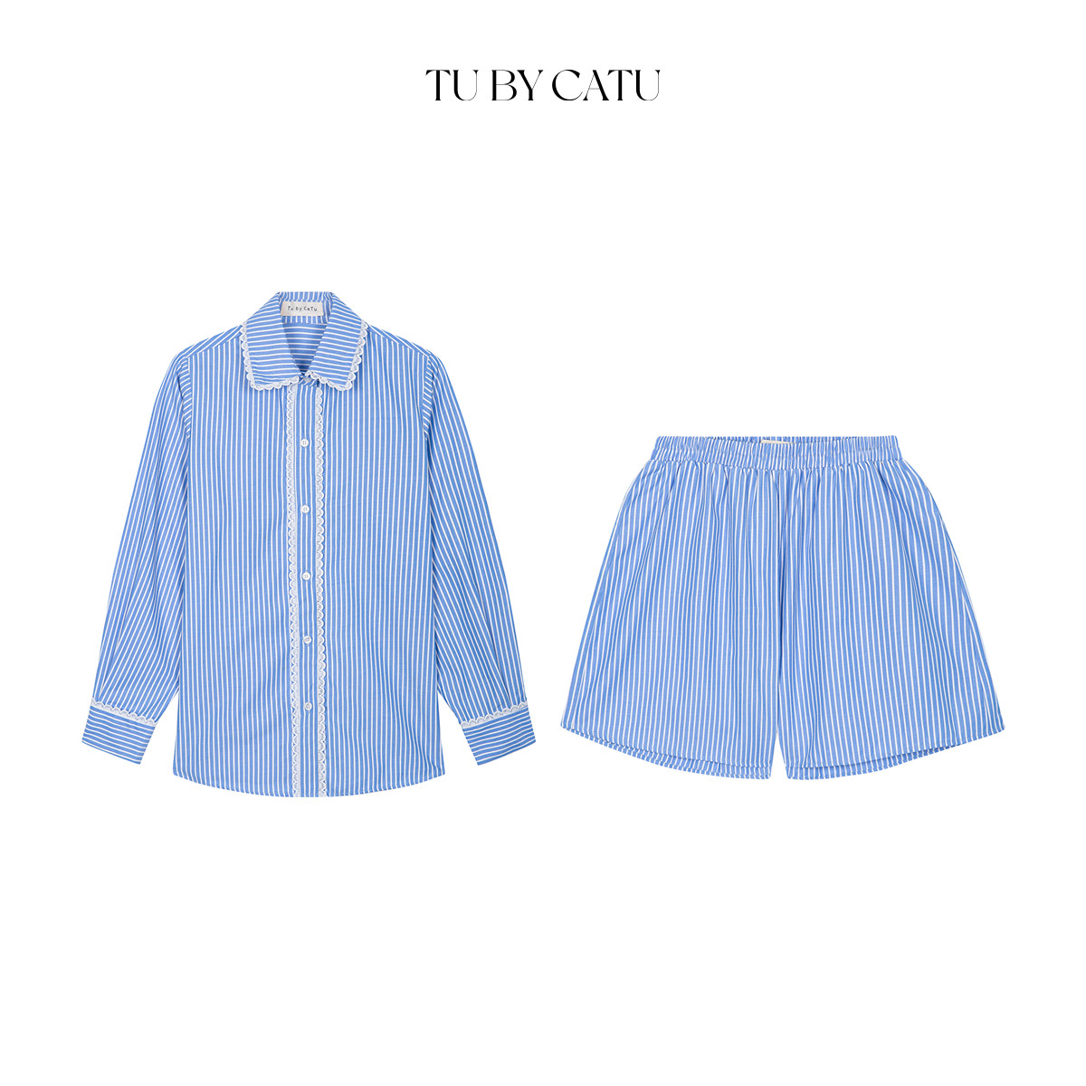 Tubycatu | set sơ mi sọc xanh to phối ren áo
