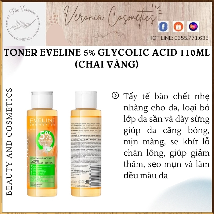 Toner Eveline 5% Glycolic Acid cho da căng bóng, ẩm mịn, đều màu và mờ thâm mụn