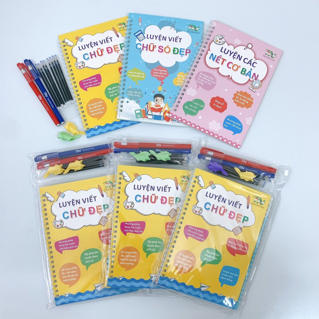 Combo 3 Cuốn Luyện Viết Chữ Đẹp + Số Đẹp + Các Nét Cơ Bản Tặng Kèm Bút Thần Kì Tự Bay Màu Mực- Vở/Sách Tập Viết Chữ Đẹp, Bé Tập Tô Chữ, Số, Nét Cơ Bản- Bộ Tập Viết Chuẩn Ngữ Pháp, Giấy Loại Xịn, Các Nét Rõ Ràng, Dễ Hiểu