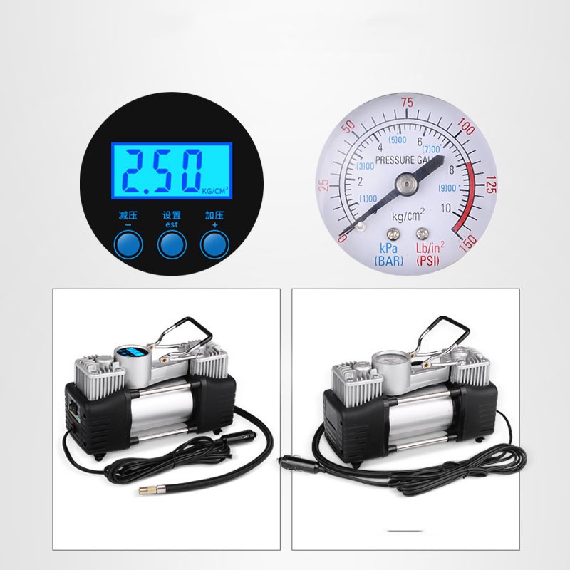 Bơm ô tô 2 xi lanh, bơm lốp ô tô 2 xy lanh tốc độ cao tiết kiệm thời gian, bơm 2 piston mặt đồng hồ cơ có đèn chiều sáng tiện lợi bơm hai xilanh