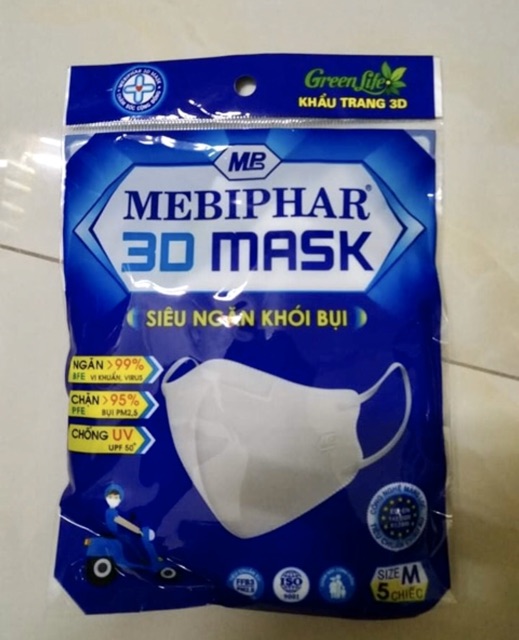 Khẩu trang mebiphar 3d mask bịch 5 cái màu xanh