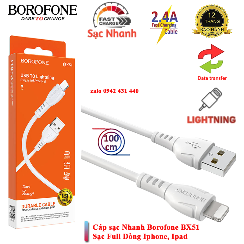 Cáp sạc truyền dữ liệu borofone bx51 cổng lighning cho iphone/ipad 1m