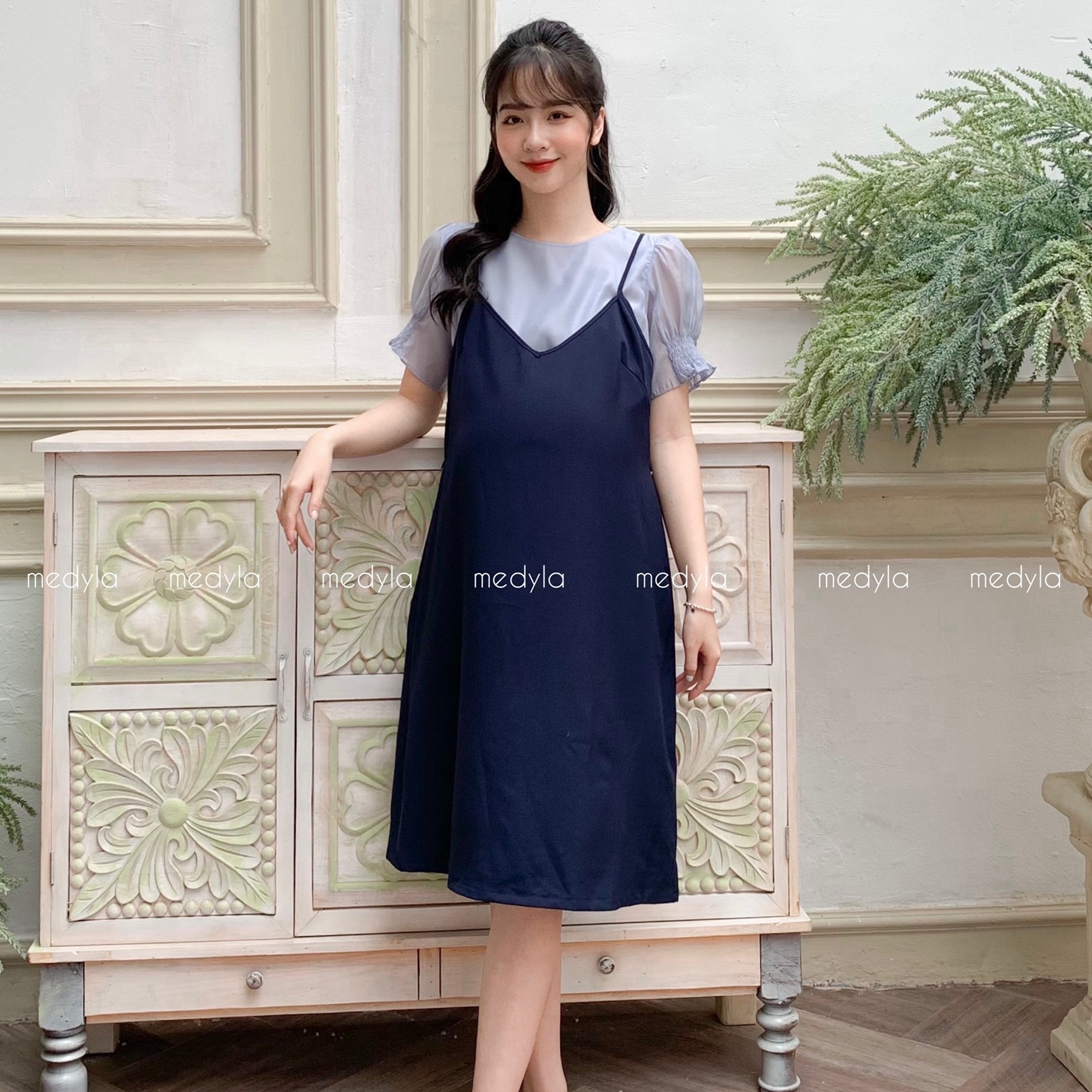 Váy bầu mùa hè xinh dáng yếm mango áo tơ cho bầu đi chơi, du lịch - Đầm bầu công sở dự tiệc thiết kế Medyla - VS707