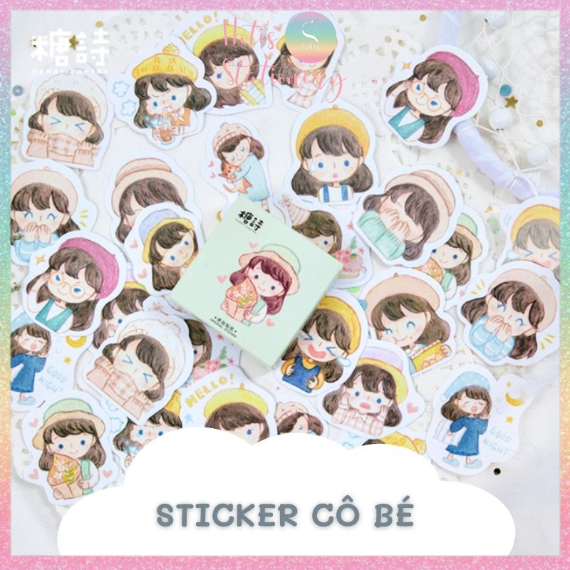 Sticker cô bé đội nón cute trang trí sổ DIY - Hộp 45 hình dán