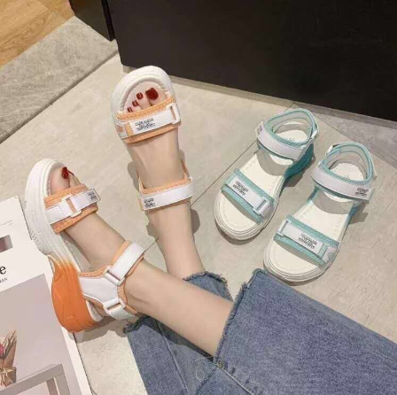 Sandal nữ 2 quai màu Xanh và Cam HÓt Trend Kèm ảnh thật )