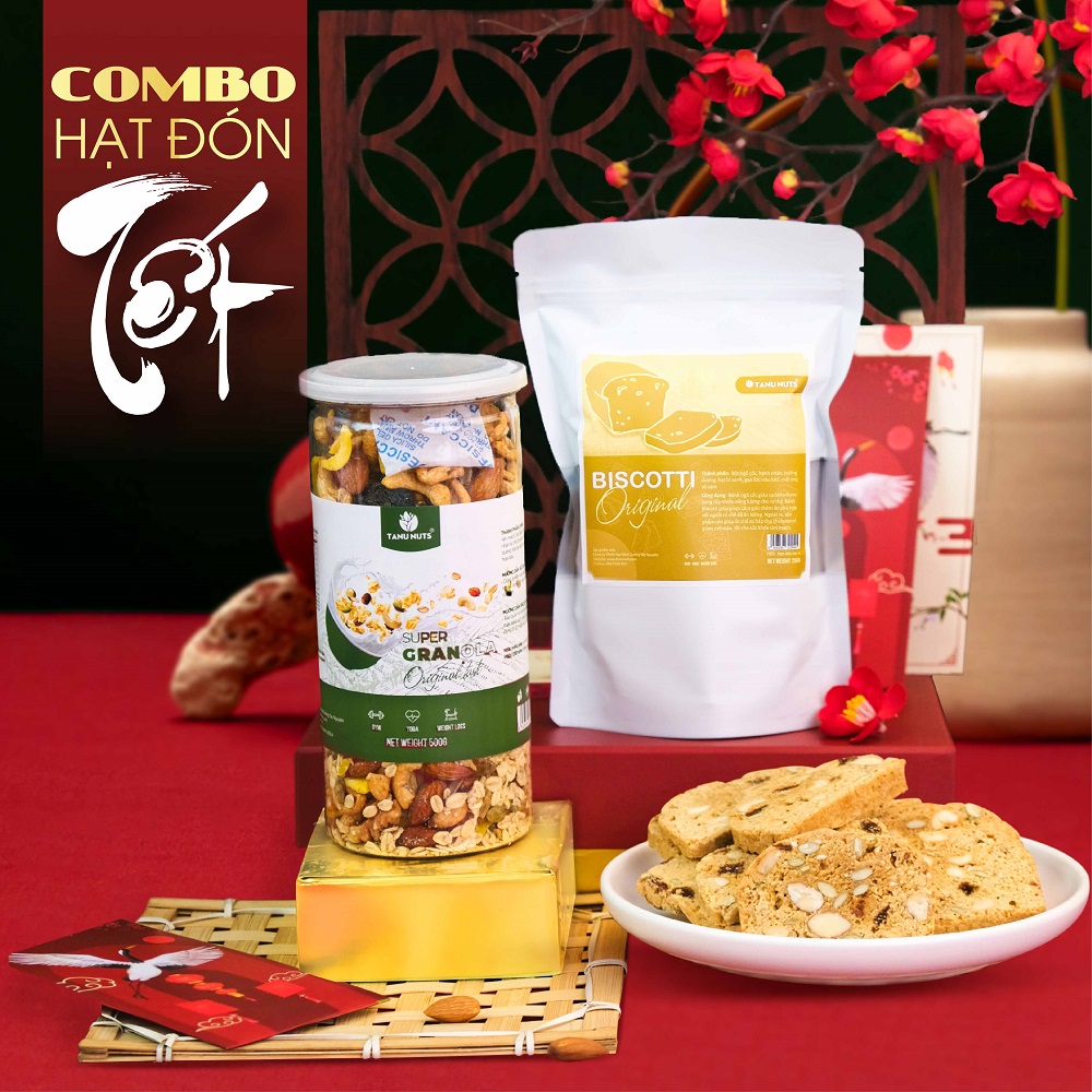 Combo granola siêu hạt 15% yến mạch 500g và bánh biscotti ăn kiêng túi 250g TANU NUTS