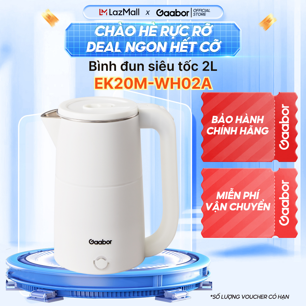 FLASH SALE Ấm siêu tốc Gaabor EK20M-WH02A ấm đun siêu tốc dung tích 2L công suất 1500W lòng ấm inox 304 liền kề dễ dàng vệ sinh an toàn sử dụng Bình đun siêu tốc -Hàng chính hãng