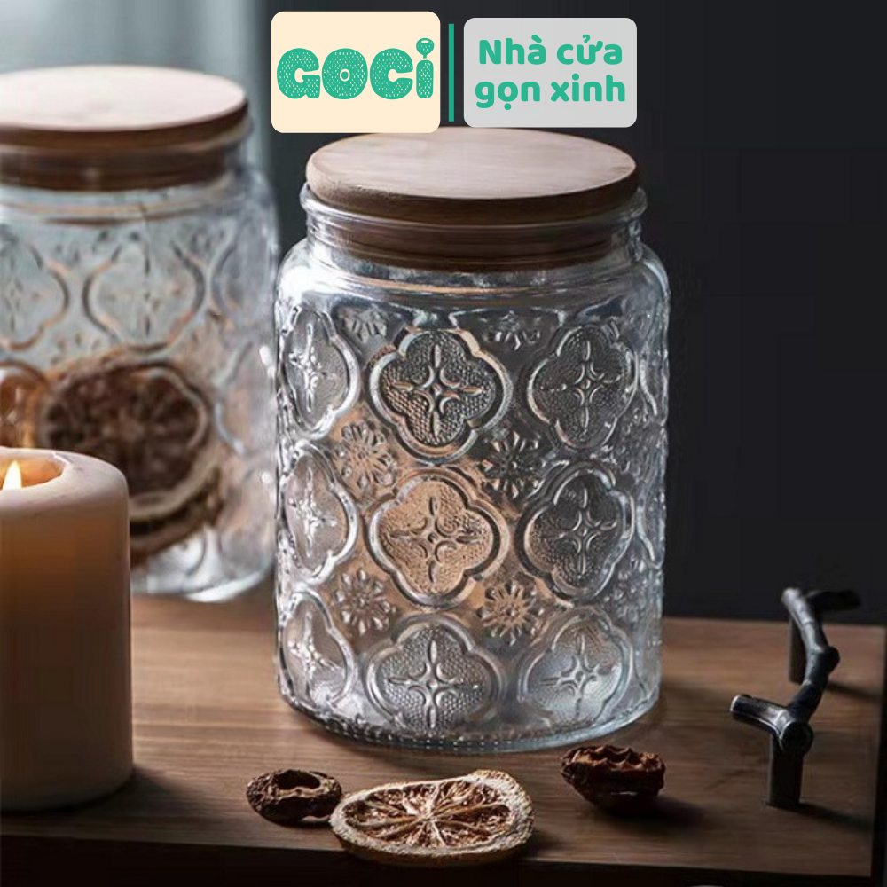 Lọ đựng thực phẩm khô thuỷ tinh trong suốt nắp gỗ có đệm cao su kín lọ thuỷ tinh đựng hoa quả khô đồ sấy