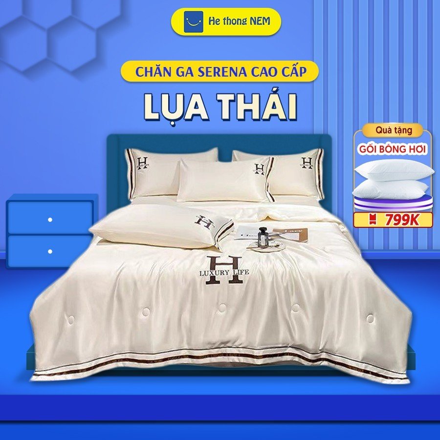 Bộ chăn ga phi lụa thái SERENA cao cấp -bộ vỏ drap combo chăn ra gối phủ trải giường bọc nệm đệm serena hàn quốc cao cấp mát lạnh bedding set