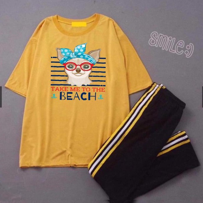[HAN HAN SHOP 197] Sét Bộ Đồ Nữ Mặc Đi Chơi Dự Tiệc Xinh Cute, Áo Phông Cotton In Thú Vàng Mũ Xanh+Quần Thun Sọc