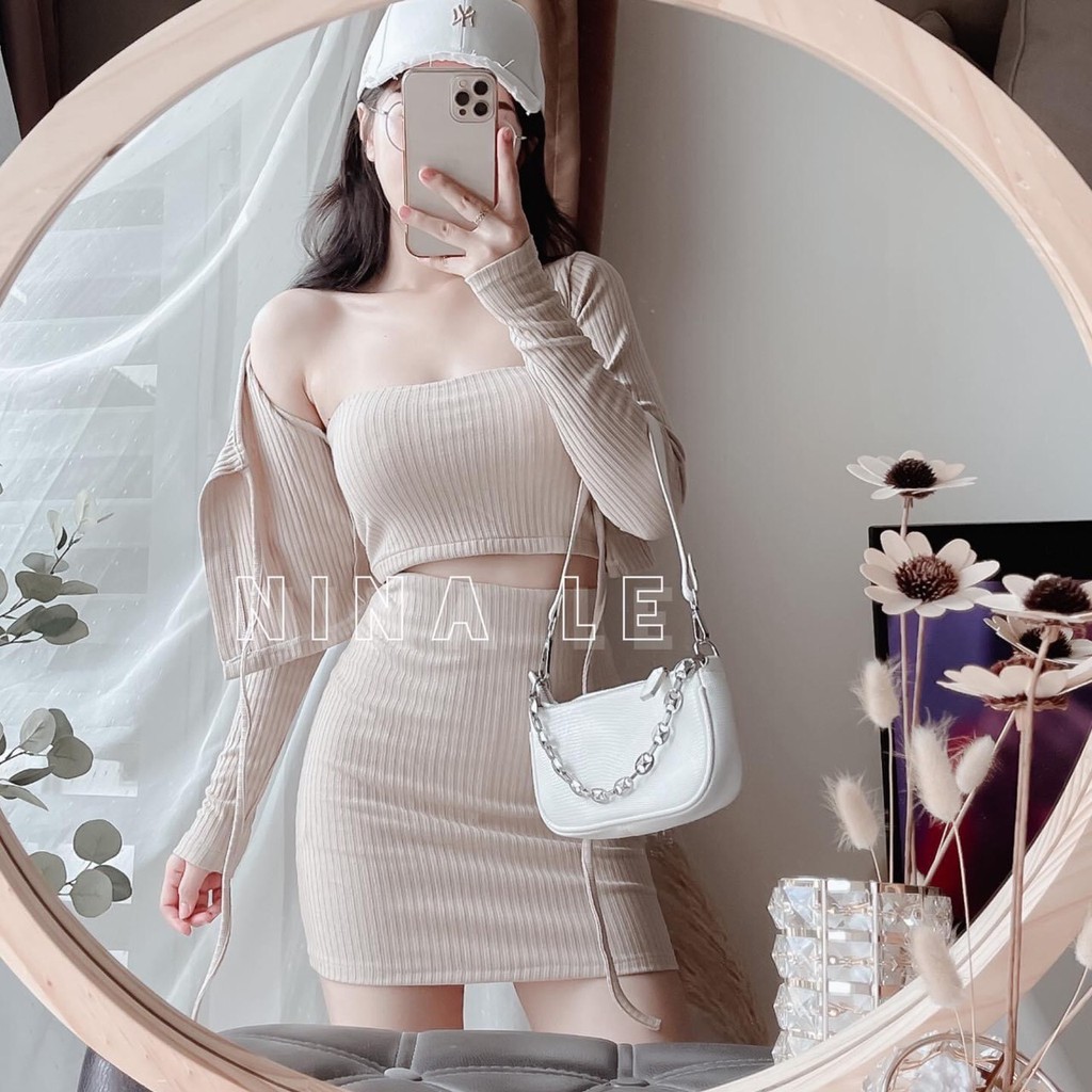 Set áo cardigan dây rút kèm áo 2 dây chân váy bo tăm FREESHIPÁo 2 dây mix chân váy AD145