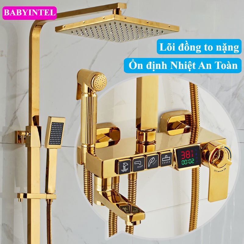 Bộ sen cây tắm đứng nóng lạnh, sen vòi tắm vàng đồng hiển thị led set nhiệt độ an toàn tránh bỏng - hàng cao cấp