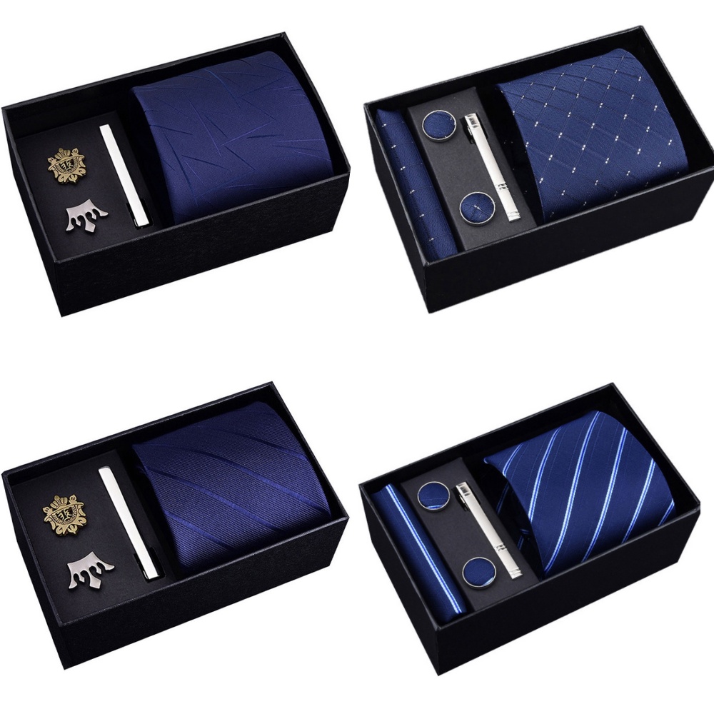 Bộ Cravat 8cm màu xanh làm quà tặng sang trọng gồm Calavat 8cm, kẹp cà vạt và phụ kiện
