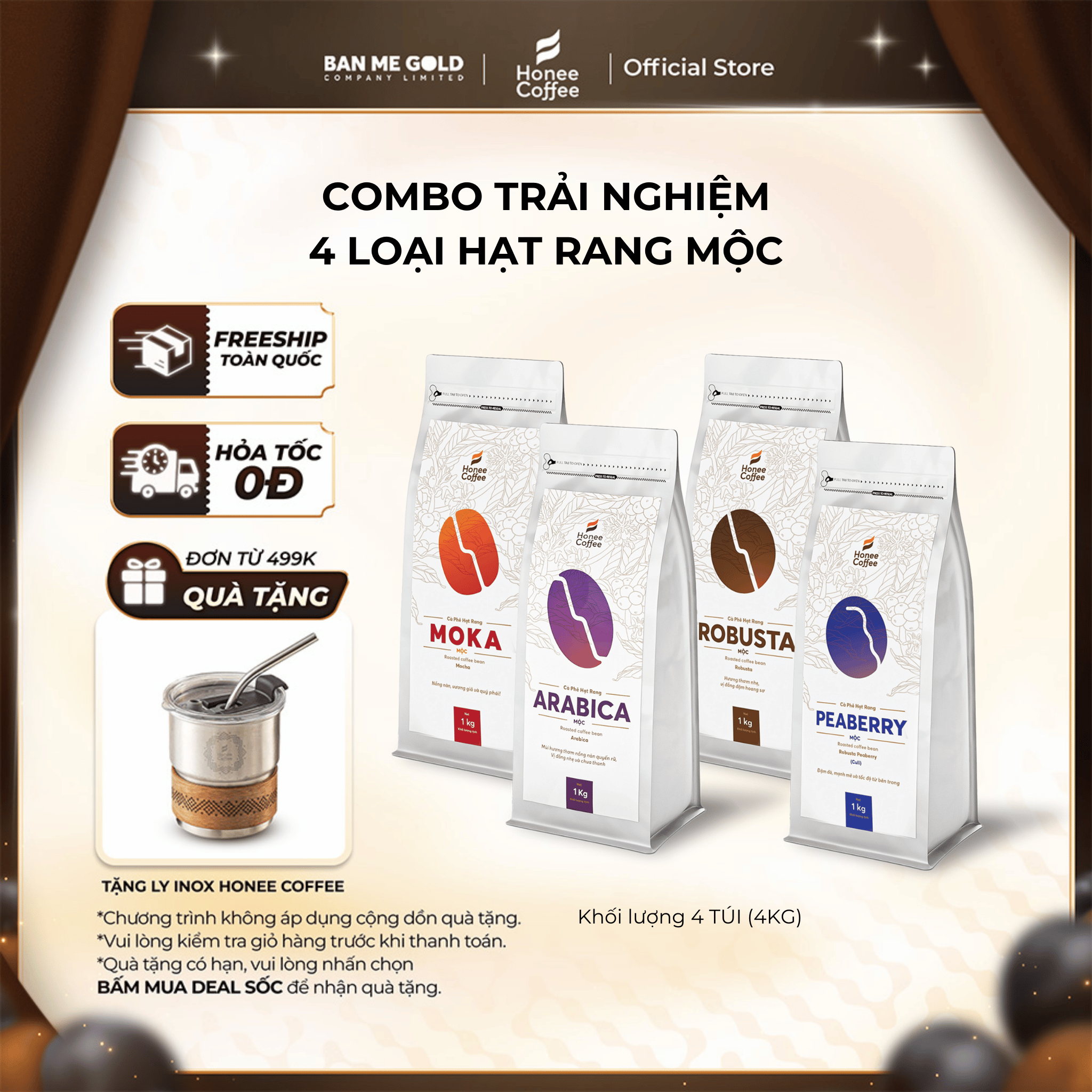 [TIẾT KIỆM] 4 Túi Cà Phê Nguyên Chất 100% Arabica / Robusta / Culi / Moka (1kg) Chính Hãng Ban Me Gold - Honee Coffee
