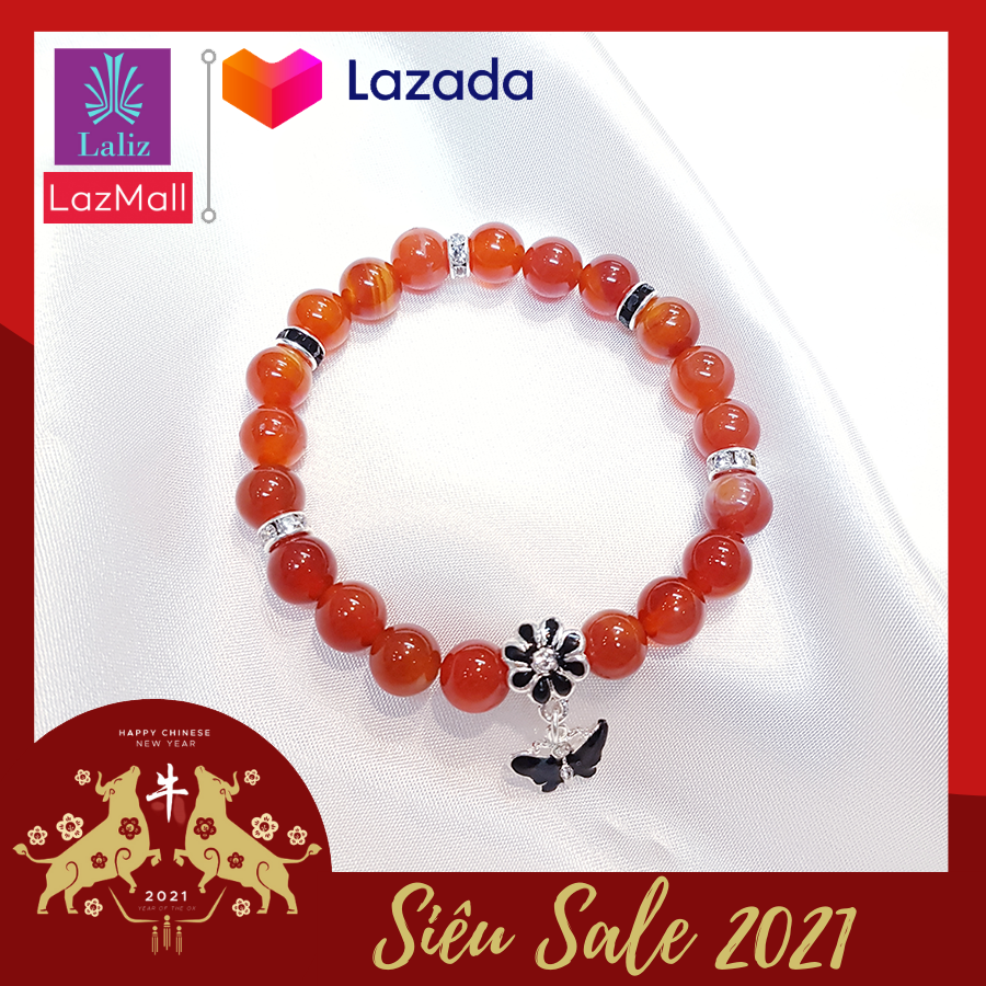 [HCM]Vòng Tay Nữ Đá Phong Thuỷ Mệnh Hỏa-Thổ Đá Mã Não-Charm Butterfly
