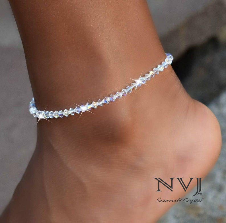 Vòng lắc chân pha lê Áo Swarovski cao cấp sáng lấp lánh ánh 7 màu như kim cương