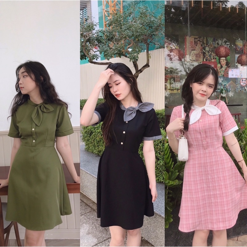 Đầm nơ cổ phối màu