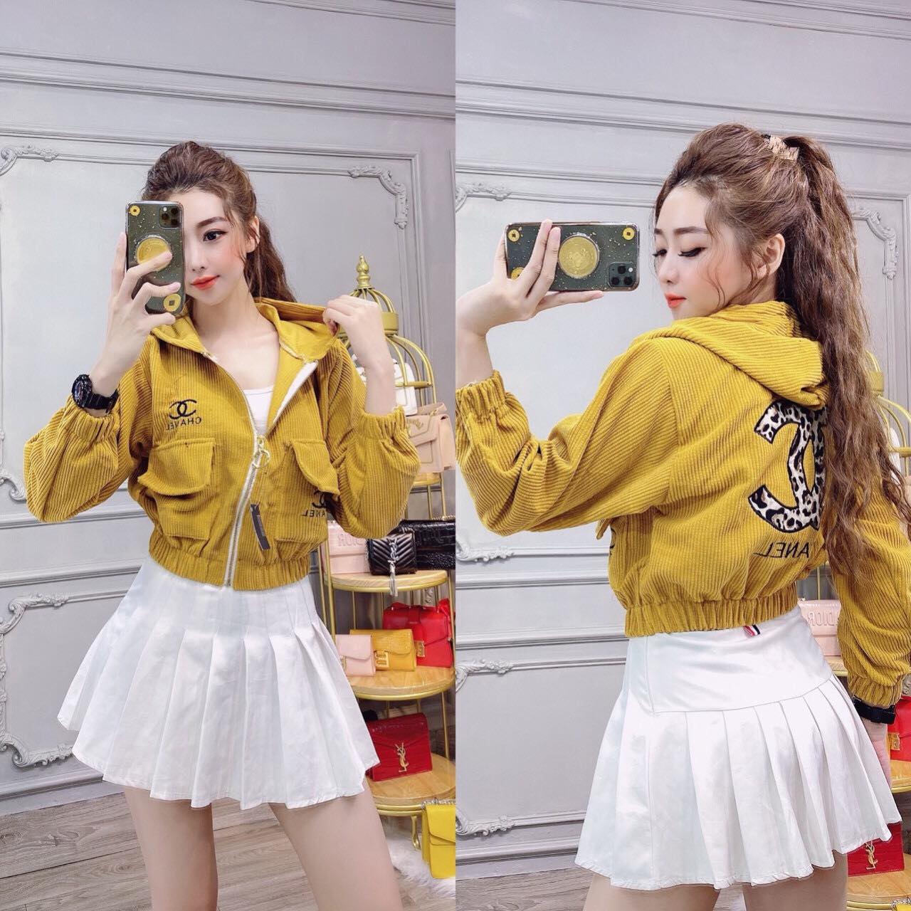 áo khoác lửng cao cấp nhung gân tăm croptop thêu tỉ mỉ CN