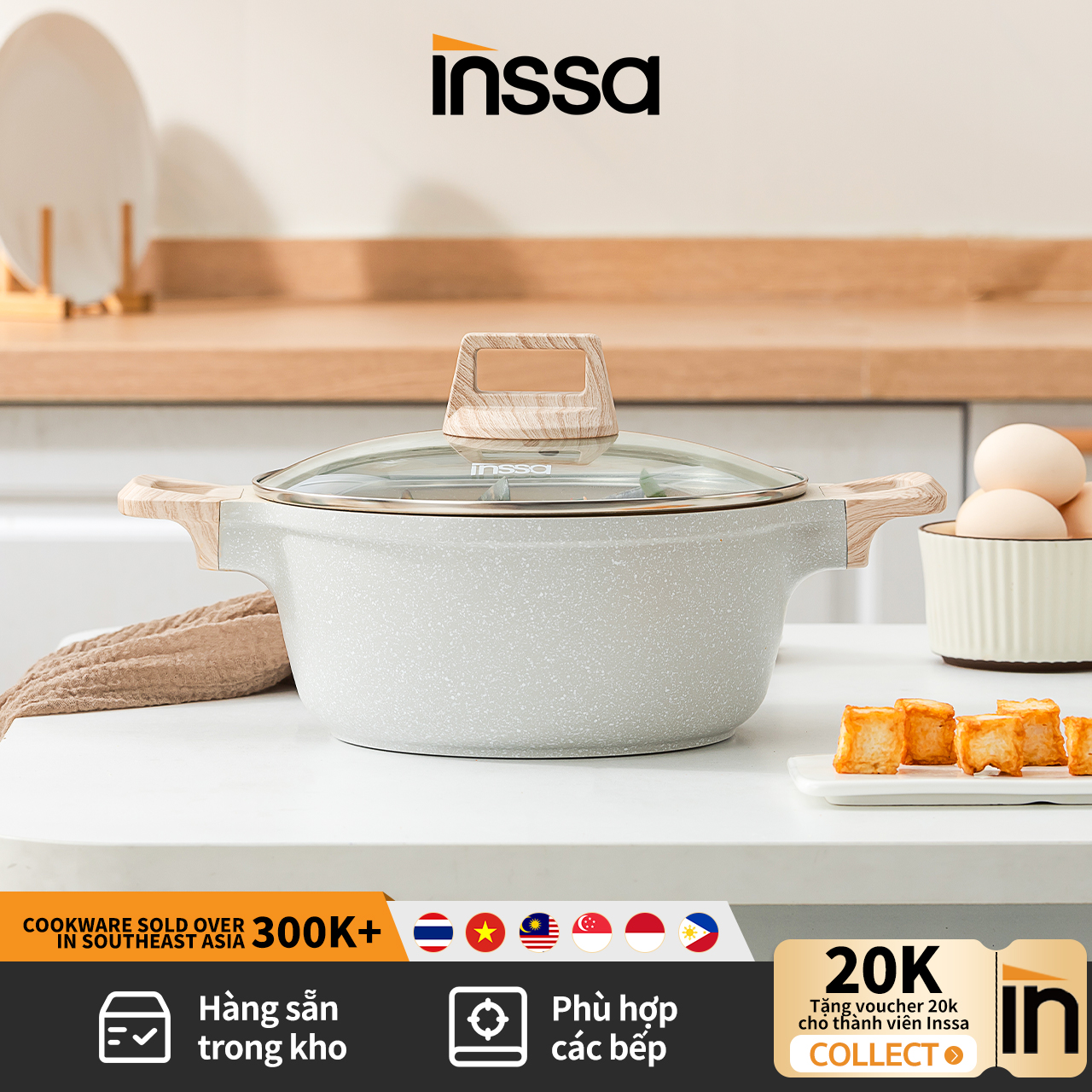 Inssa maifan nồi nấu hầm đá 24cm nồi chống dính 4l gia dụng nấu ăn và hầm, dùng cho bếp từ bếp gas guoj012cw00