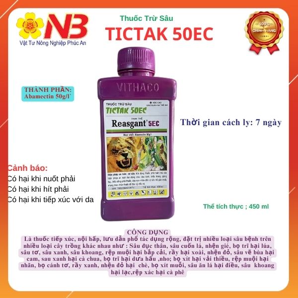 Thuốc trừ sâu Tiktak Reasgant 5.0 EC Nước đỏ- 450ml- Thuốc trừ sâu sinh học đa năng diệt trừ nhiều loại sâu bệnh hại- Năm Bưu