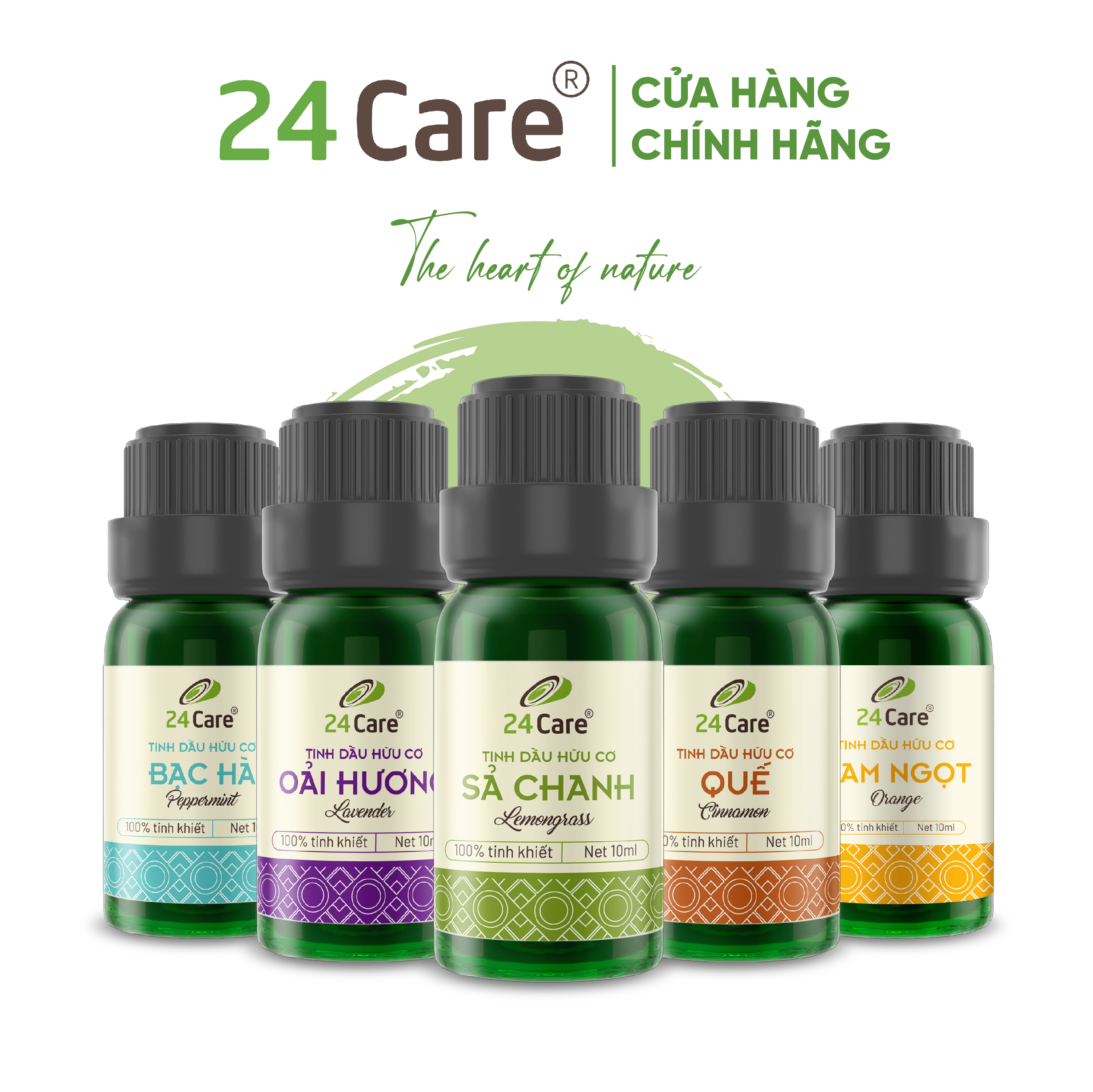 Tinh dầu nguyên chất 24Care 10ML Bạc Hà/ Quế/ Oải hương/ Cam/Tràm Huế/ Hoa Hồng/ Lavender/ Ngọc Lan Tây/ Tràm Trà - Xông thơm phòng, khử mùi, đuổi muỗi - ĐỘC QUYỀN VINAHC
