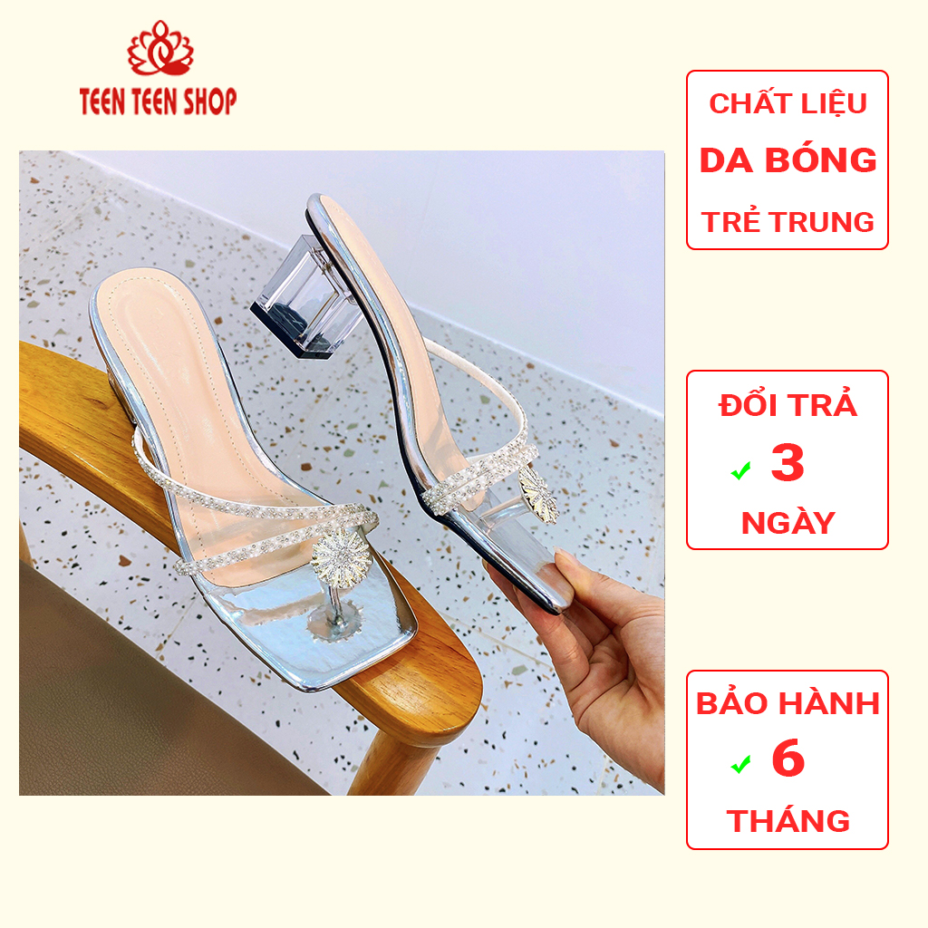 Sandal nữ xỏ ngón gót vuông cao 5p quai đính đá, giày cao gót nữ cao 5p, Teen Teen shop.