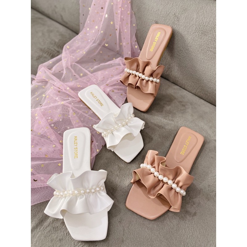 [Mã FASHIONG10 giảm 10k đơn 50k] [ GIÁ HUỶ DIỆT ] Dép nữ quai ngang bèo nhún đính ngọc đẹp hot DD-0254
