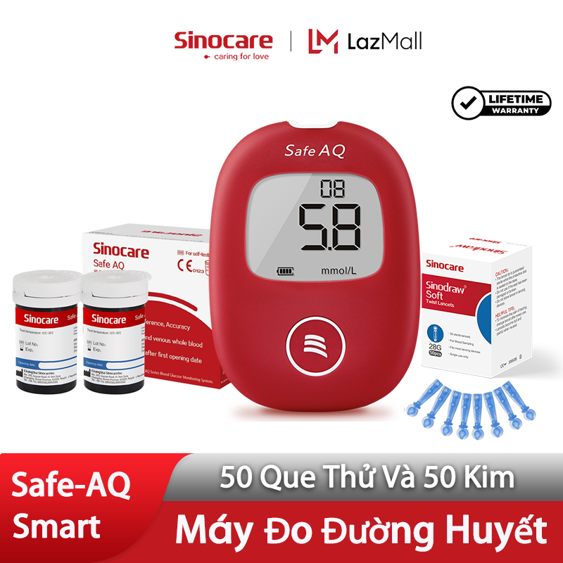 Sinocare Máy Đo Đường Huyết Safe AQ Smart Kèm 50 Que Thử Và 50 Kim Chính Hãng