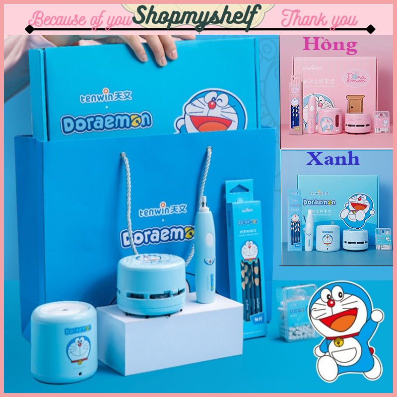 Bộ văn phòng phẩm cao cấp Tenwin chủ đề DORAEMON: chuốt bút chì tự động+ tẩy điện+ máy hút bụi mini+ hộp 12 cây bút chì - Bộ quà tặng đẹp