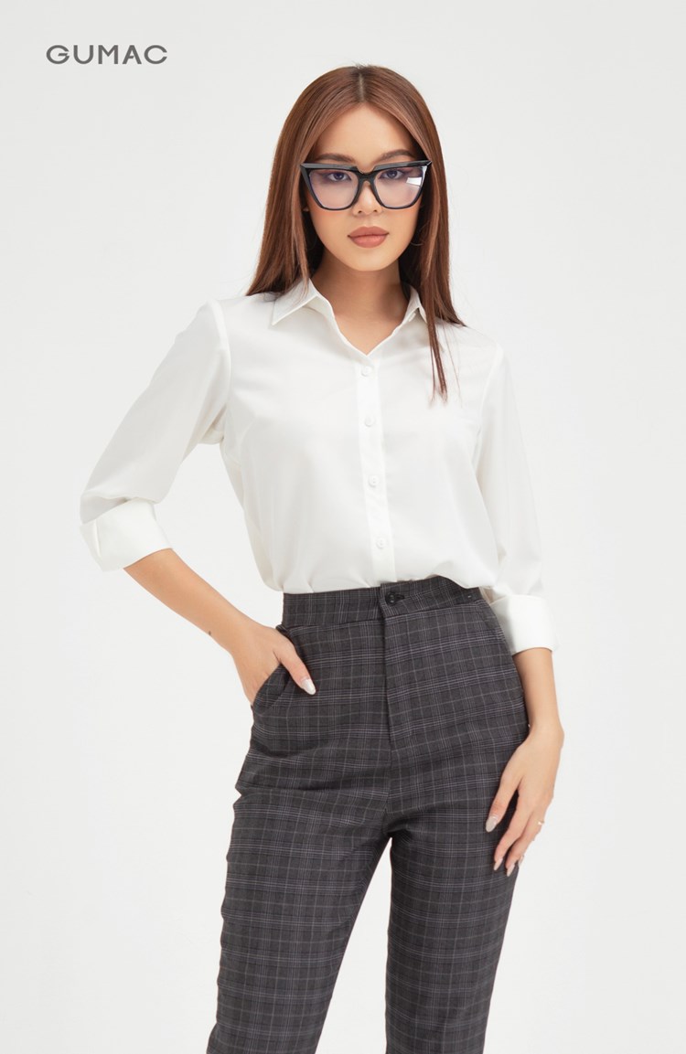 Áo sơ mi nữ form cơ bản GUMAC thiết kế công sở, basic màu trắng AB403 size M