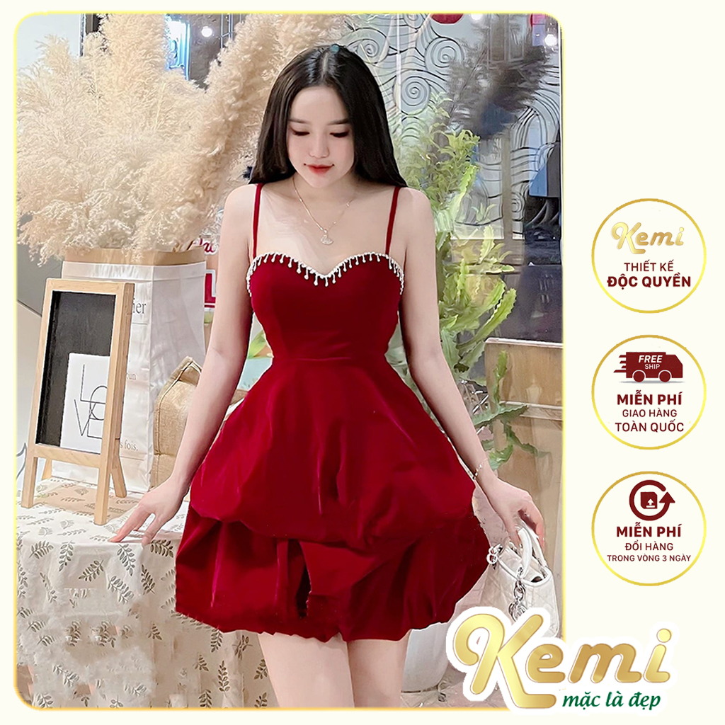 Váy nhung 2 dây cúp ngực đính đá chân đầm bồng Kemi thiết kế cao cấp