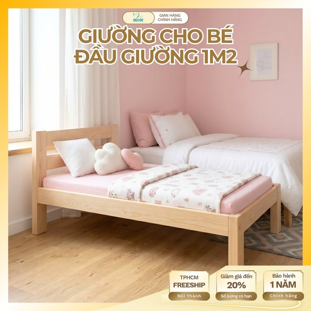 Giường Ngủ Cho Bé 1M2 Có Tựa Đầu Giường, Gỗ Thông Tự Nhiên, Giường Ghép Lắp Ráp Thông Minh