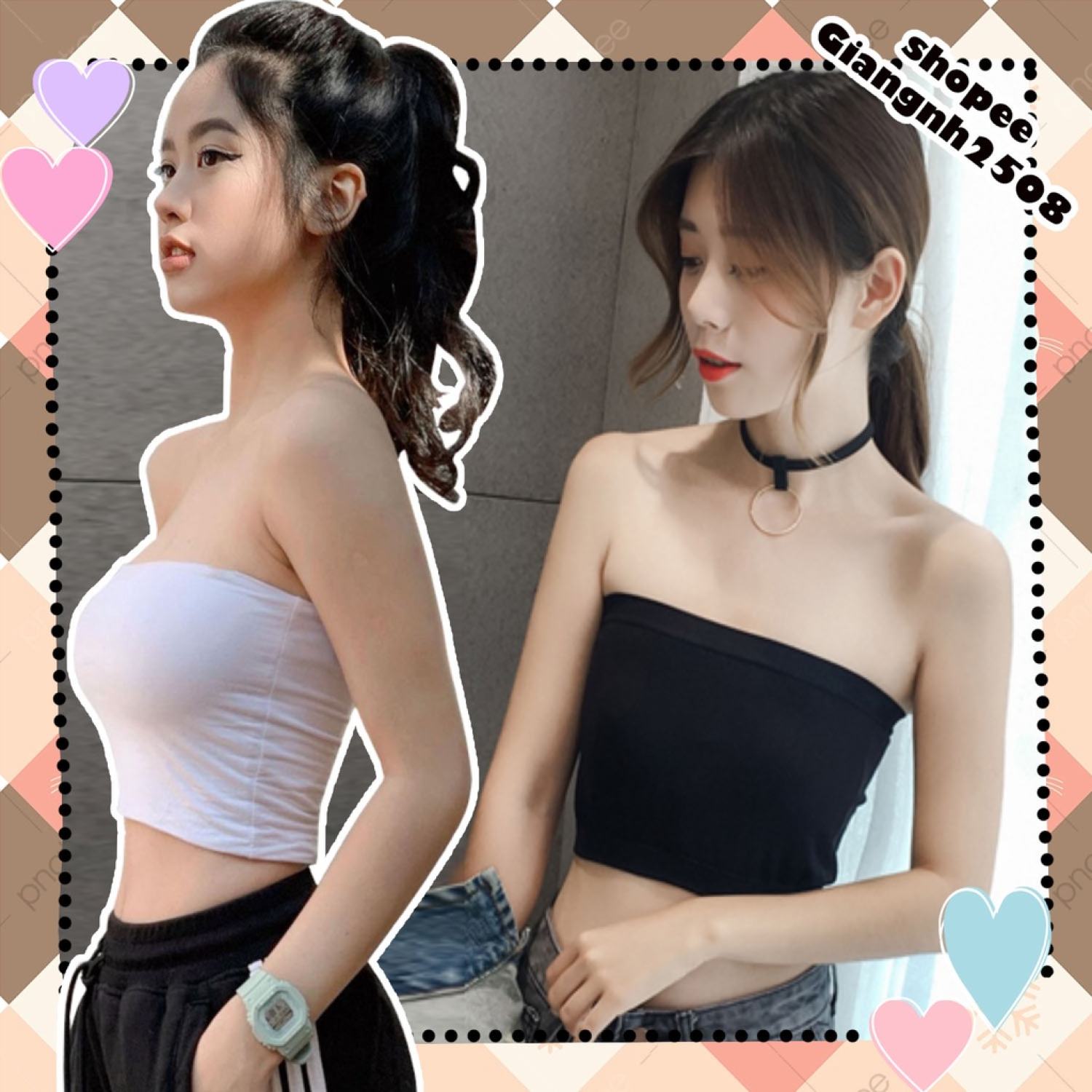 A016 Áo quây ngực ống tube crt đen trắng dáng ngắn co giãn sexy, Áo lót bra croptop không dây thun p