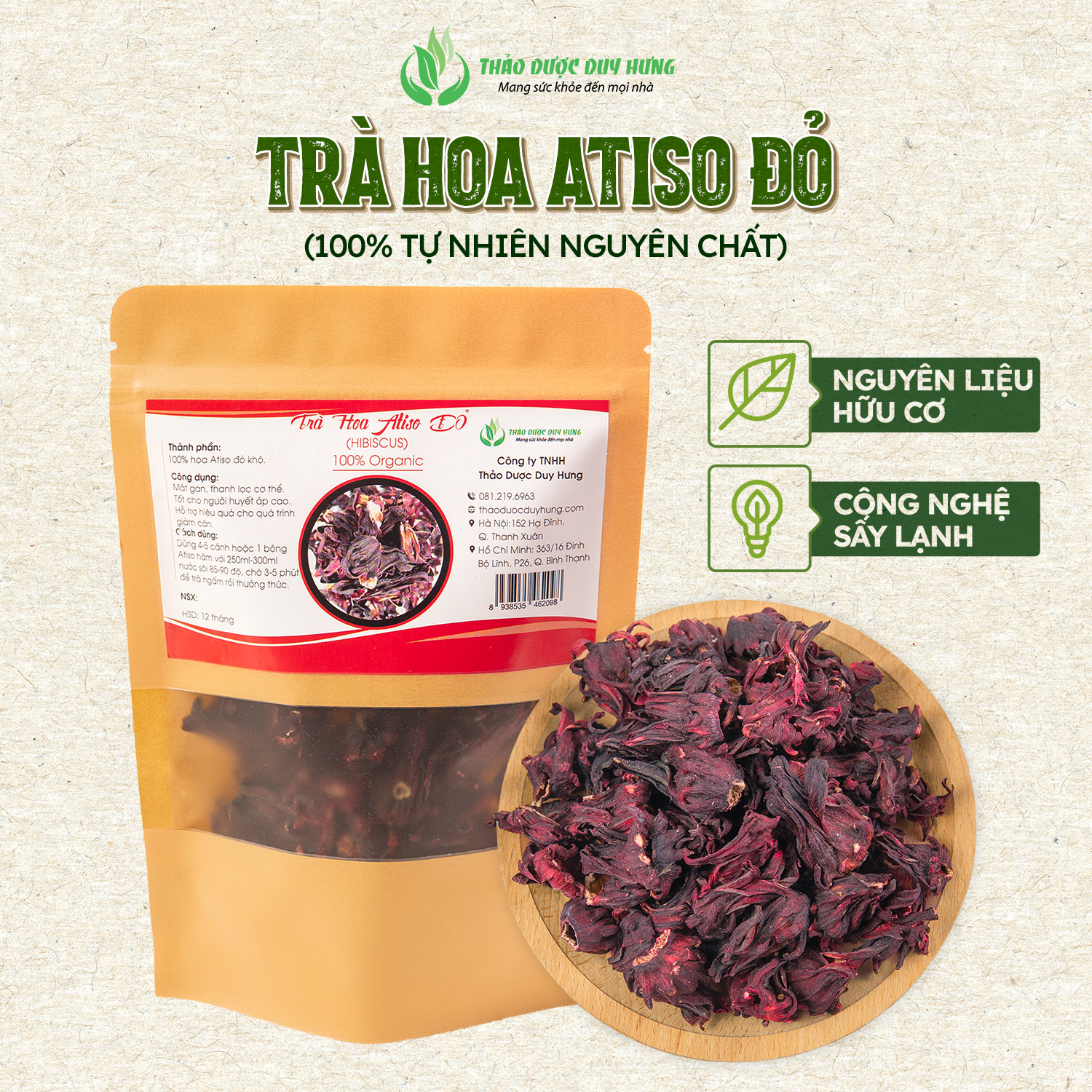 Trà hoa atiso đỏ sấy lạnh nguyên bông - trà thảo mộc detox, giải nhiệt cơ thể chuẩn hàng loại 1 - thảo dược duy hưng